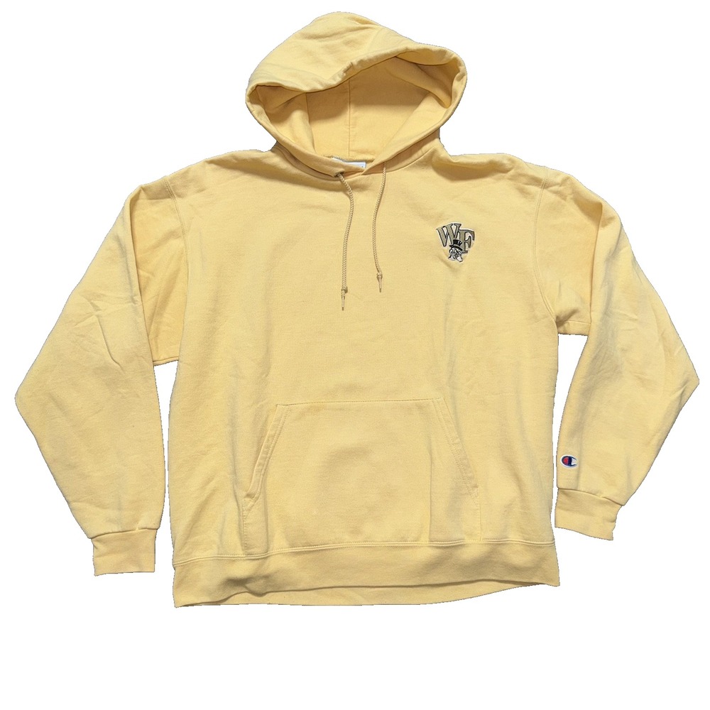 WAKE FOREST CHAMPION YELLOW CLASSIC FLEECE HOODIE LOGO DRAWSTRING SIZE L